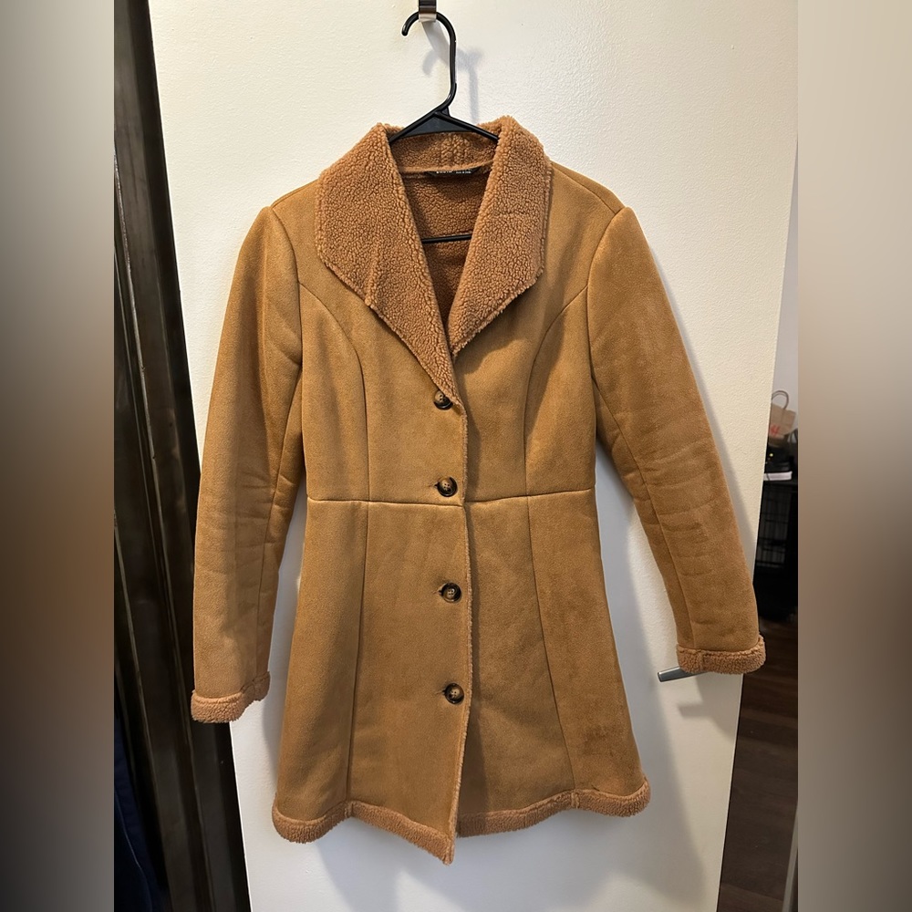 Camel Shein Suede Peacoat with Teddybear collar